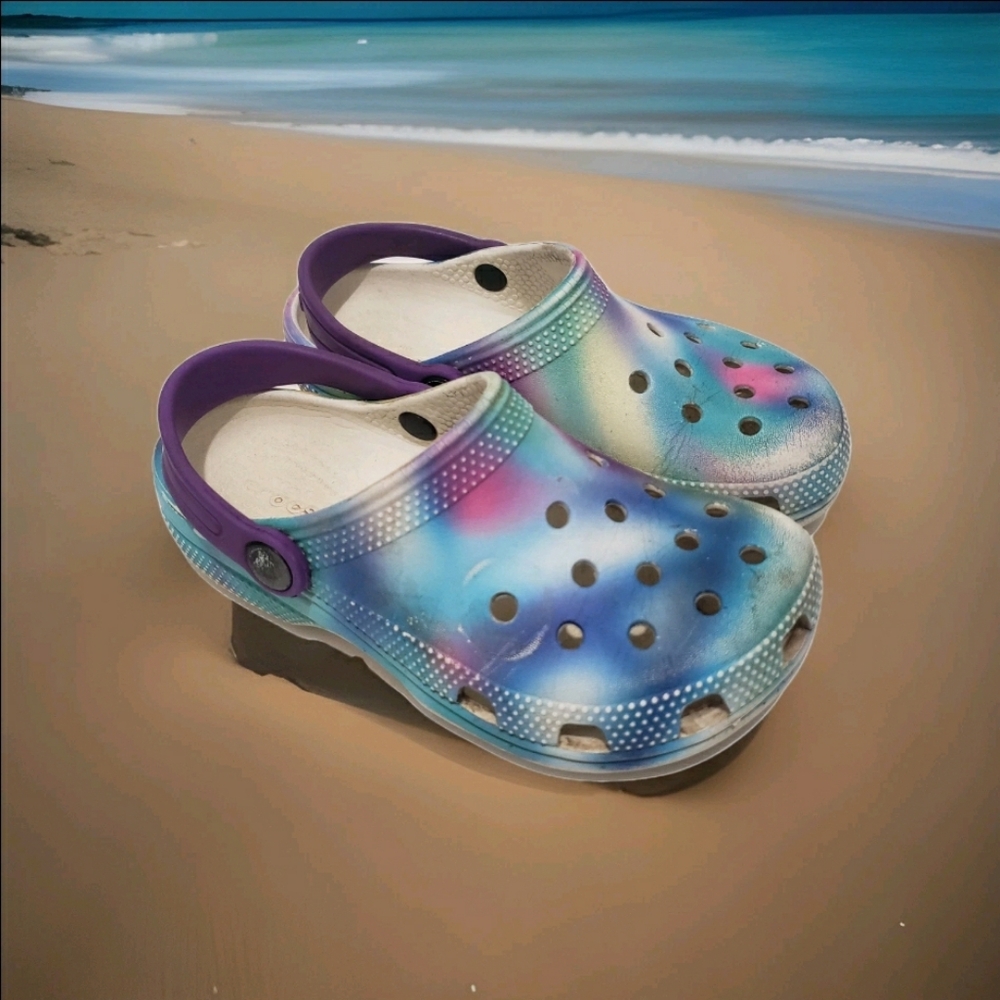 Crocs Classic Clogs Solarized Tie Dye Rainbow Purple Youth Slip On Shoes C 13.